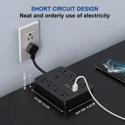8 Outlets with 3 USB (1 USB C) Charging Ports, Multi Plug Outlet Extender, Flexible Short Charging Cable, Flat Plug Wall Mount D
