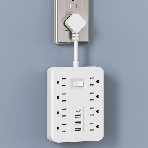 8 Outlets with 3 USB (1 USB C) Charging Ports, Multi Plug Outlet Extender, Flexible Short Charging Cable, Flat Plug Wall Mount D