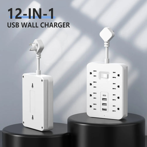 8 Outlets with 3 USB (1 USB C) Charging Ports, Multi Plug Outlet Extender, Flexible Short Charging Cable, Flat Plug Wall Mount D