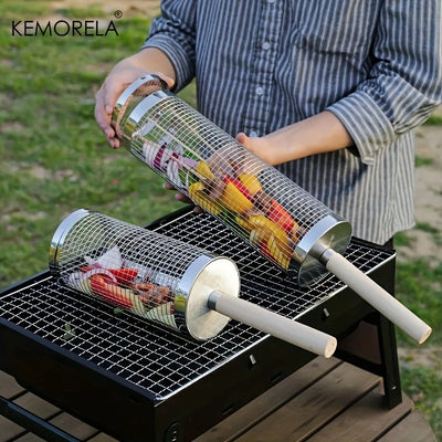 KEMORELA Stainless Steel Rolling BBQ Grill Basket Set, Round Wire Mesh Cylinder Rack, Model YS-11861, 2-Piece