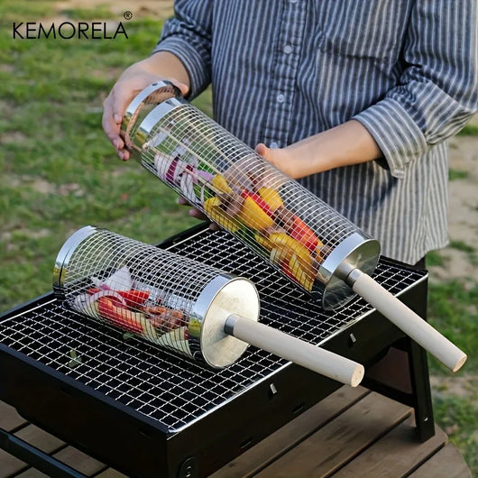 KEMORELA Stainless Steel Rolling BBQ Grill Basket Set, Round Wire Mesh Cylinder Rack, Model YS-11861, 2-Piece