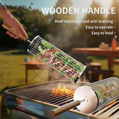 KEMORELA Stainless Steel Rolling BBQ Grill Basket Set, Round Wire Mesh Cylinder Rack, Model YS-11861, 2-Piece