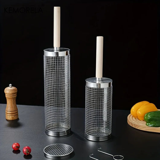 KEMORELA Stainless Steel Rolling BBQ Grill Basket Set, Round Wire Mesh Cylinder Rack, Model YS-11861, 2-Piece