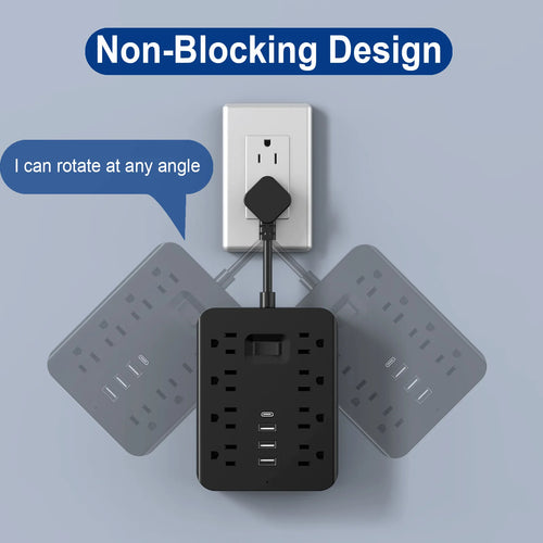 8 Outlets with 3 USB (1 USB C) Charging Ports, Multi Plug Outlet Extender, Flexible Short Charging Cable, Flat Plug Wall Mount D