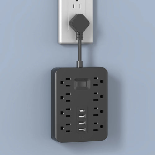 8 Outlets with 3 USB (1 USB C) Charging Ports, Multi Plug Outlet Extender, Flexible Short Charging Cable, Flat Plug Wall Mount D